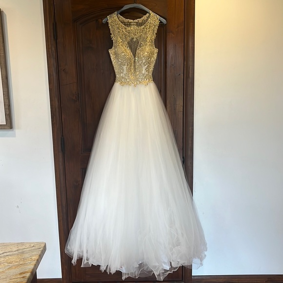 white and gold debs dress CD868 - Diva Embellished Corset Gown | Gold main image 0